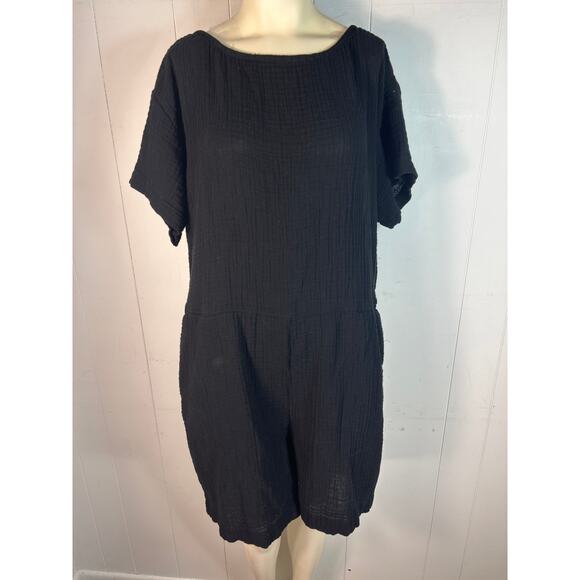 Eileen Fisher Organic Cotton Lofty Gauze Romper In Black. Size XL - Picture 2 of 8